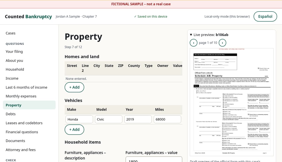 Counted Bankruptcy case questions with the live preview of Official Form 106A/B beside them (fictional sample case)